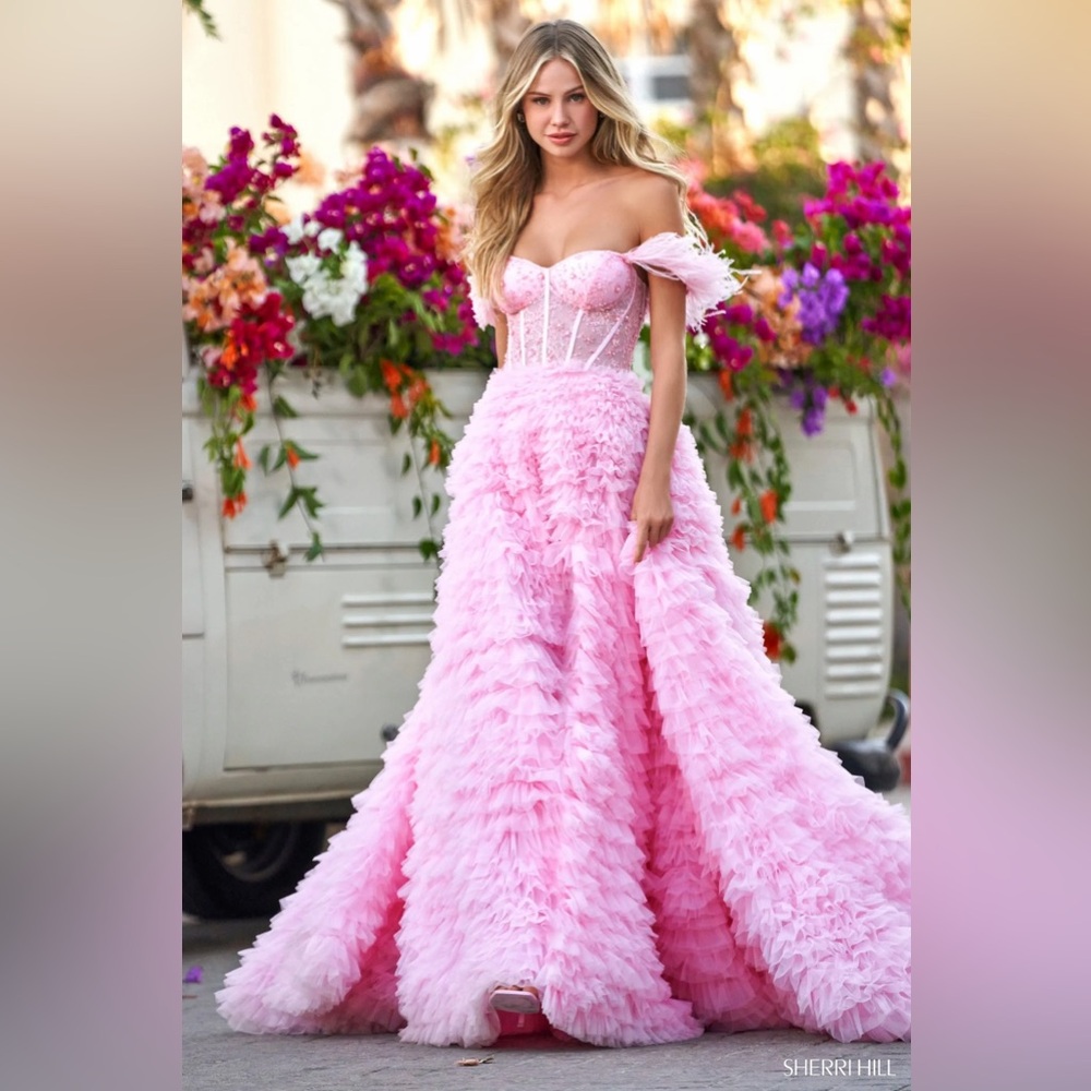 Sherri Hill 54906 Off shoulder Ruffle Skirt Corset Bodice Gown Prom Pink sz 4
